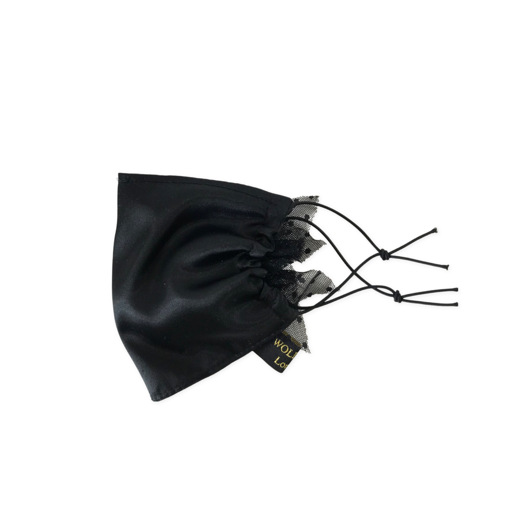 Black satin face mask with tulle frills on the side